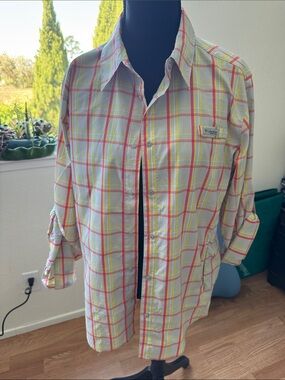 Columbia PFG Plaid Shirt in White, Yellow & Pink,Size Large